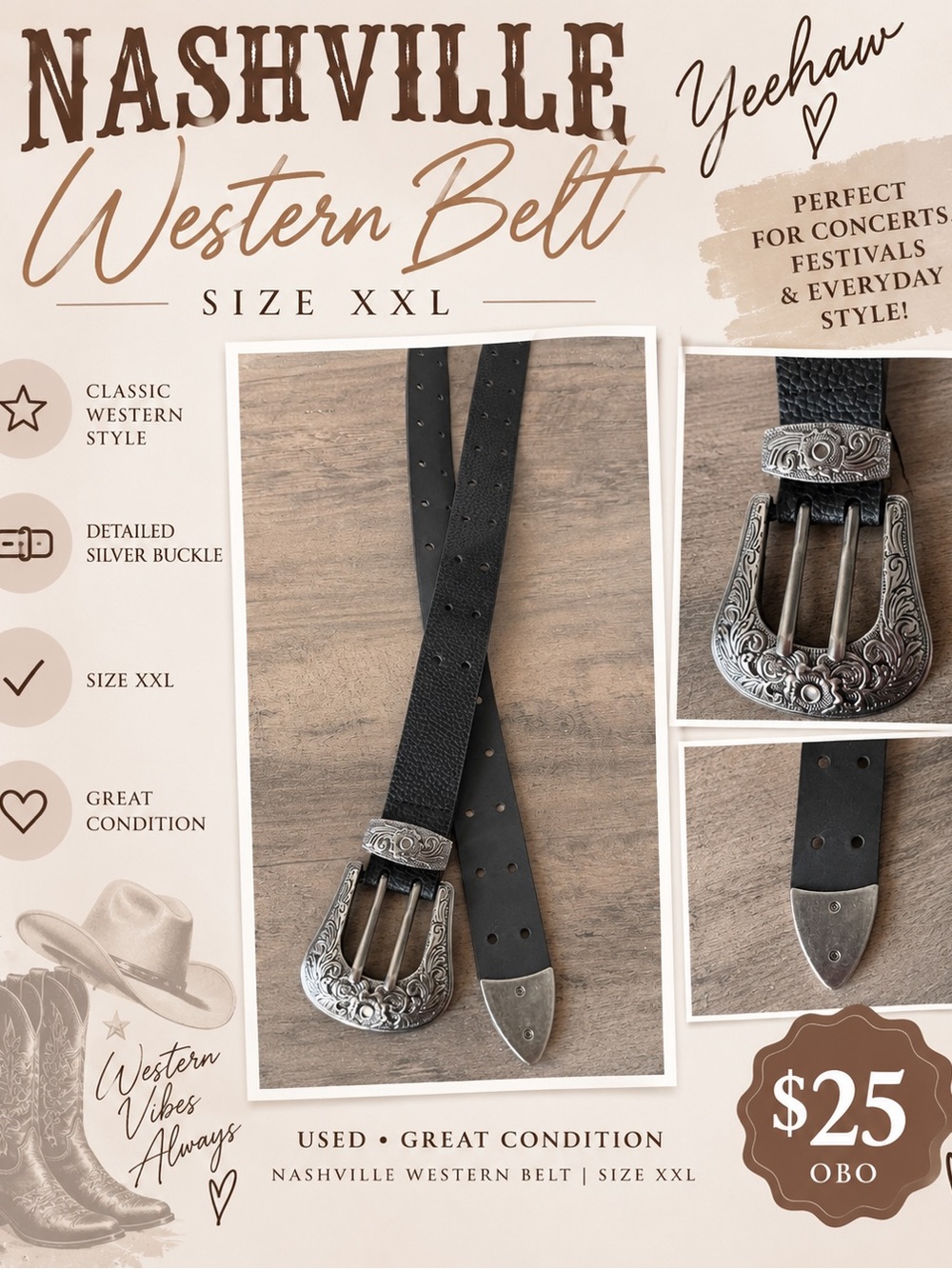 Nashville Western Belt - Black with Silver Buckle - Size XXL